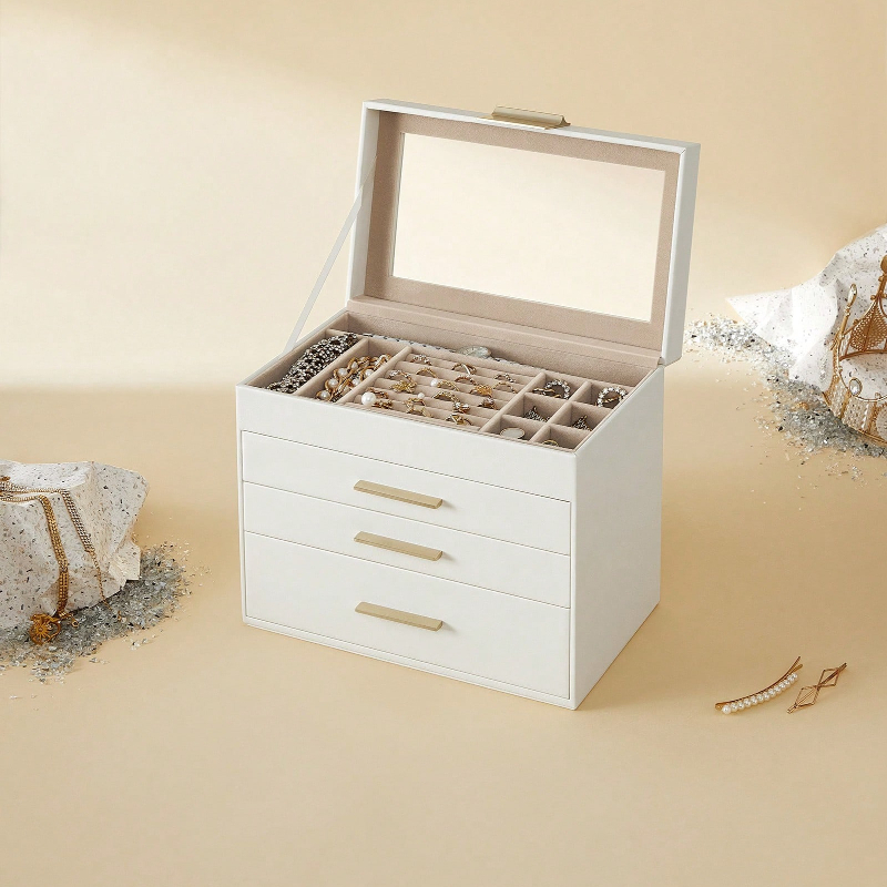 Drawer Organizer Bamboo - 업그레이드된 4단 유리 뚜껑 및 3개의